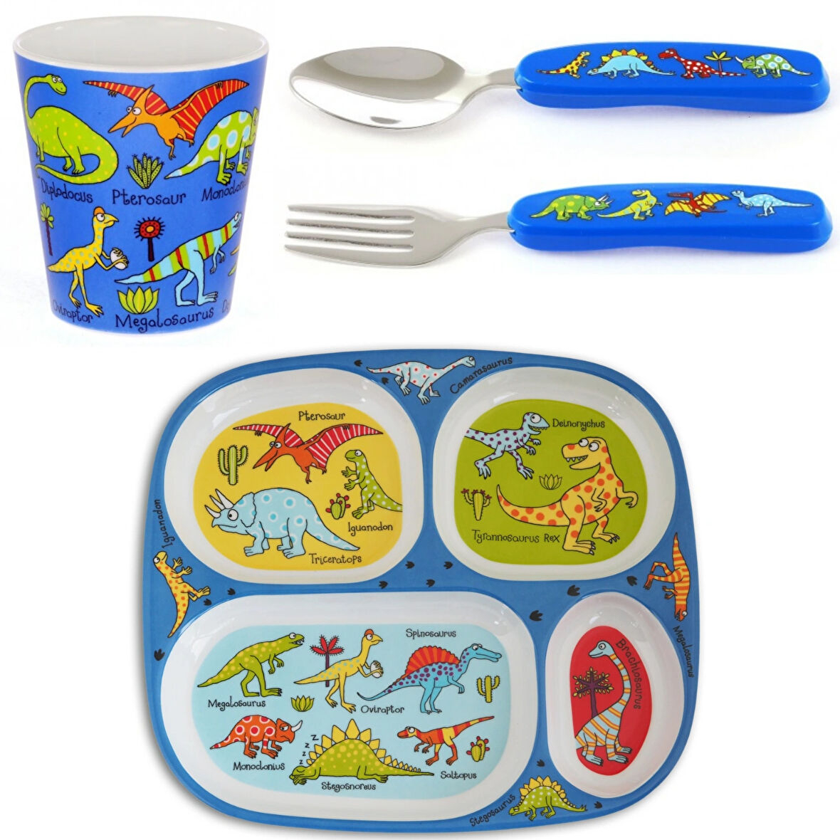 Melamin Bölmeli Tabak / Alıştırma Bardağı / Kutulu Çatal Kaşık Seti (4'lü Set) Dino