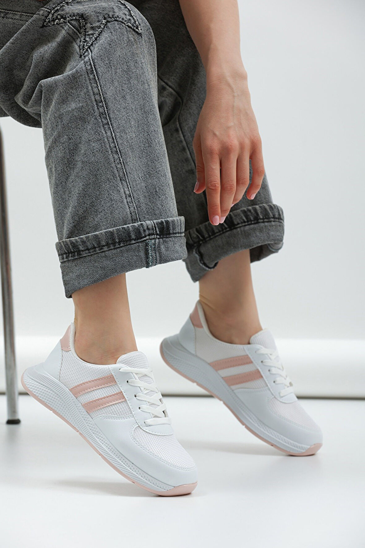 Kadın - Erkek - Unisex Bağcıklı Anatomik Taban Günlük Spor Ayakkabı Sneaker Beyaz Pudra