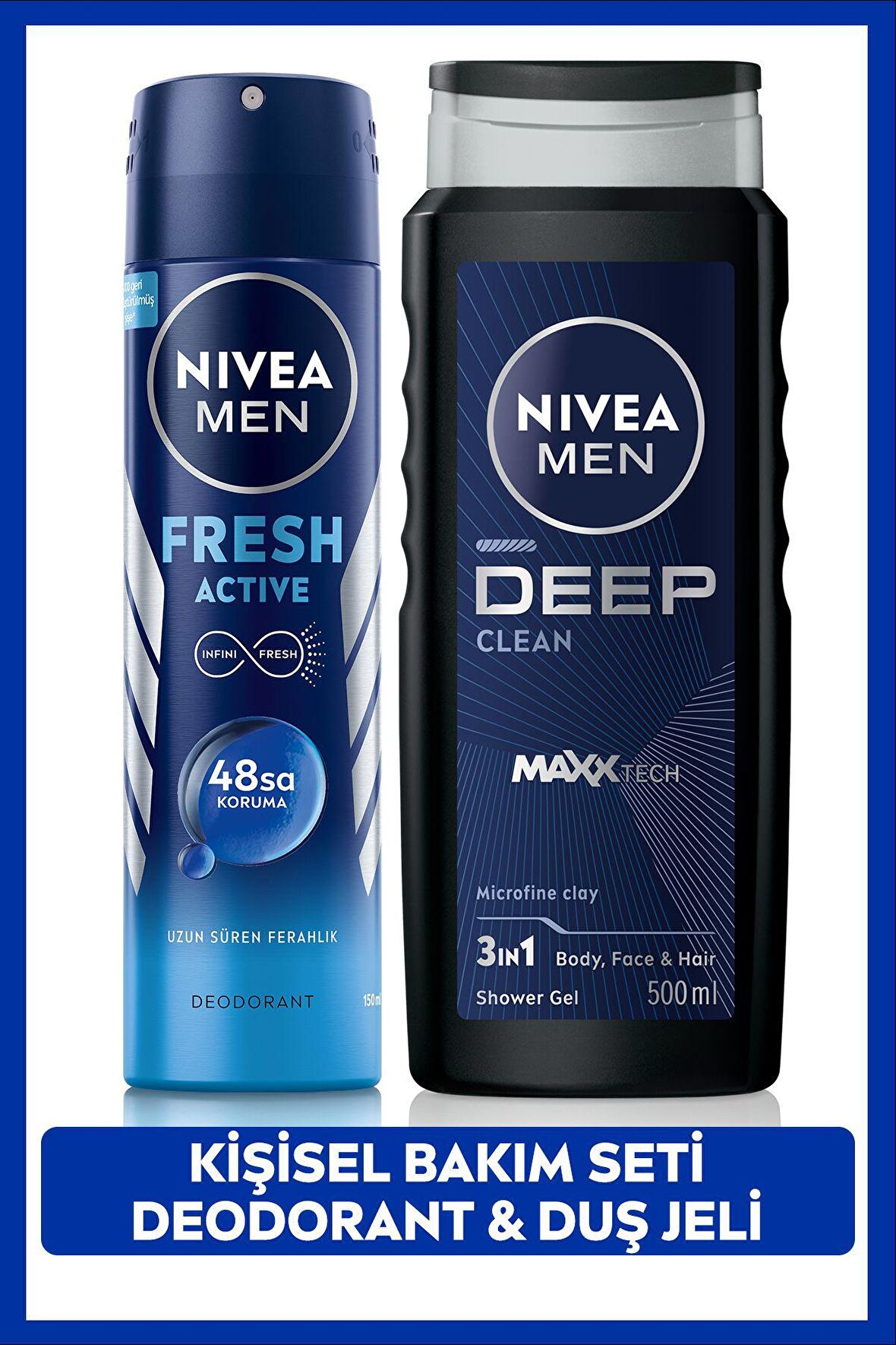 Nivea MEN Erkek Deep Dimension Duş Jeli 500ml ve Sprey Deodorant Fresh Active150ml, Damat Bohça Çeyiz Seti