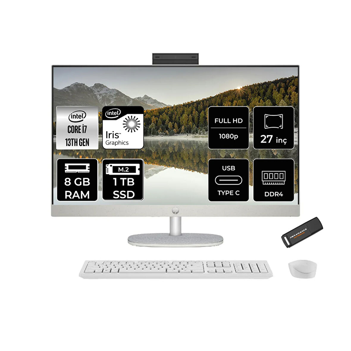 HP 27-CR0004NT i7 1355U 8GB 1TB SSD Intel Graphics 27" FHD IPS FDOS All In One PC Beyaz & PER4