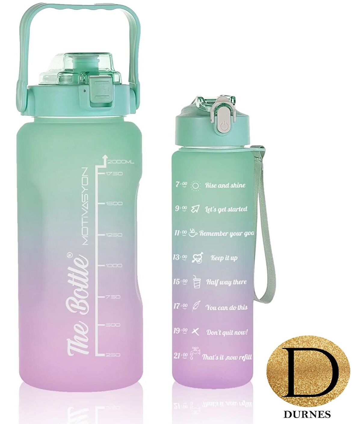 DURNES - The Bottle Motivasyonel 2li Pipetli Stickerli Su Matarası Su Şişesi Suluk 2LT+900ML Yavrulu