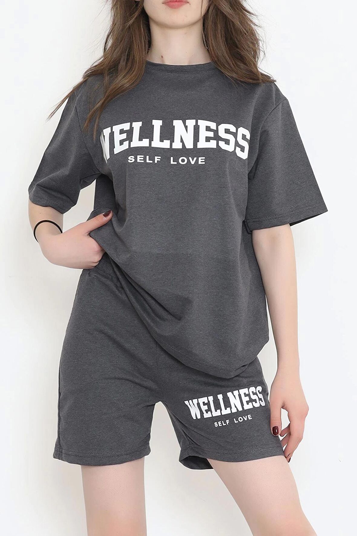 Oversize Baskılı Şortlu Takım Füme