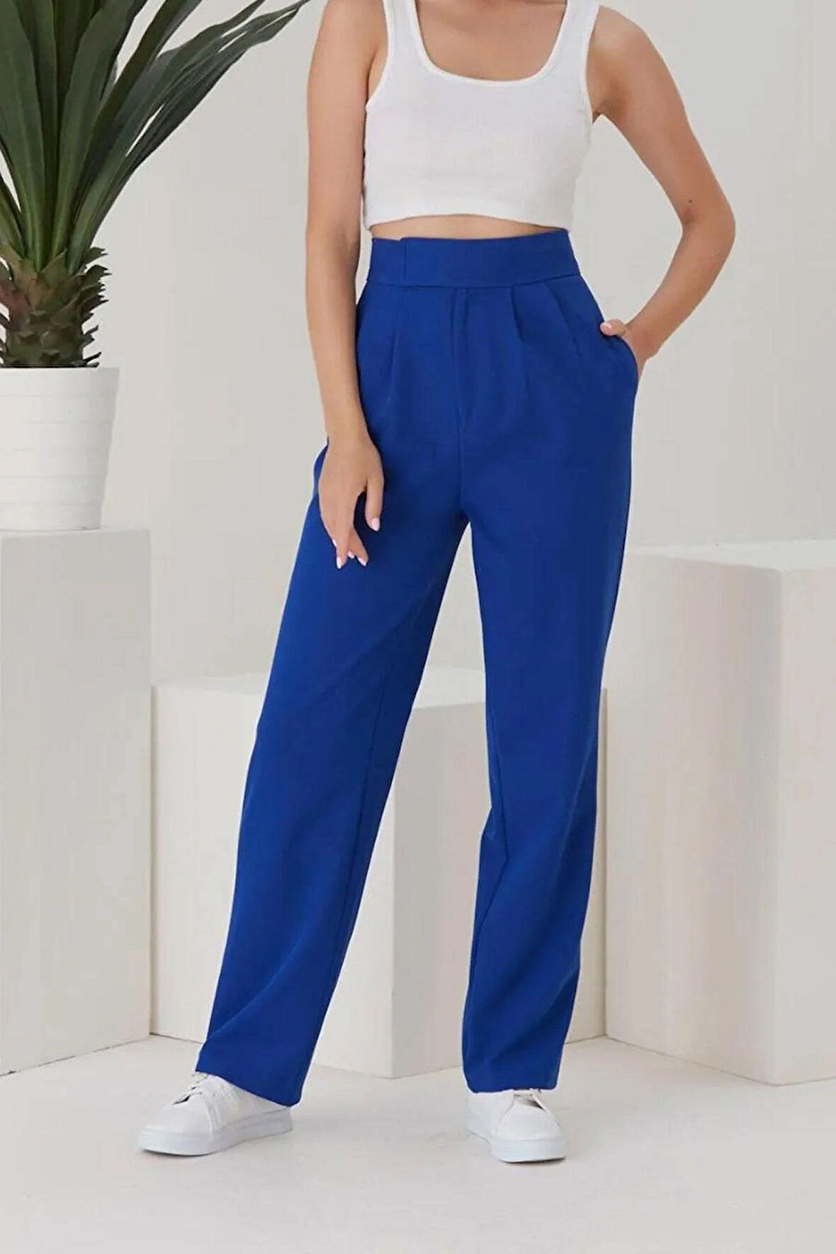 Kadın Yüksek Bel Beli Cırt Kapamalı Palazzo Pantolon - Saks Mavisi
