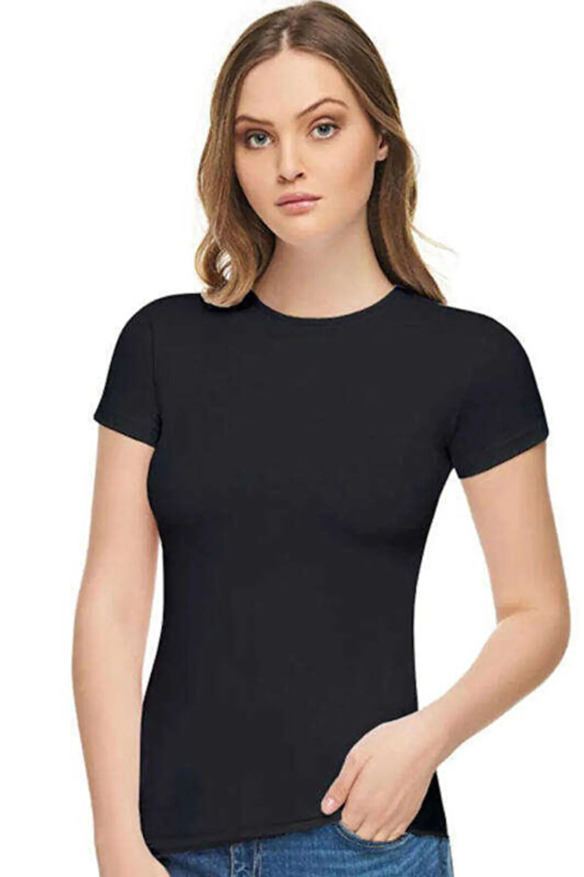 Kadın Siyah Kadın Elastan Yarım Kol T Shirt Yeni Sezon