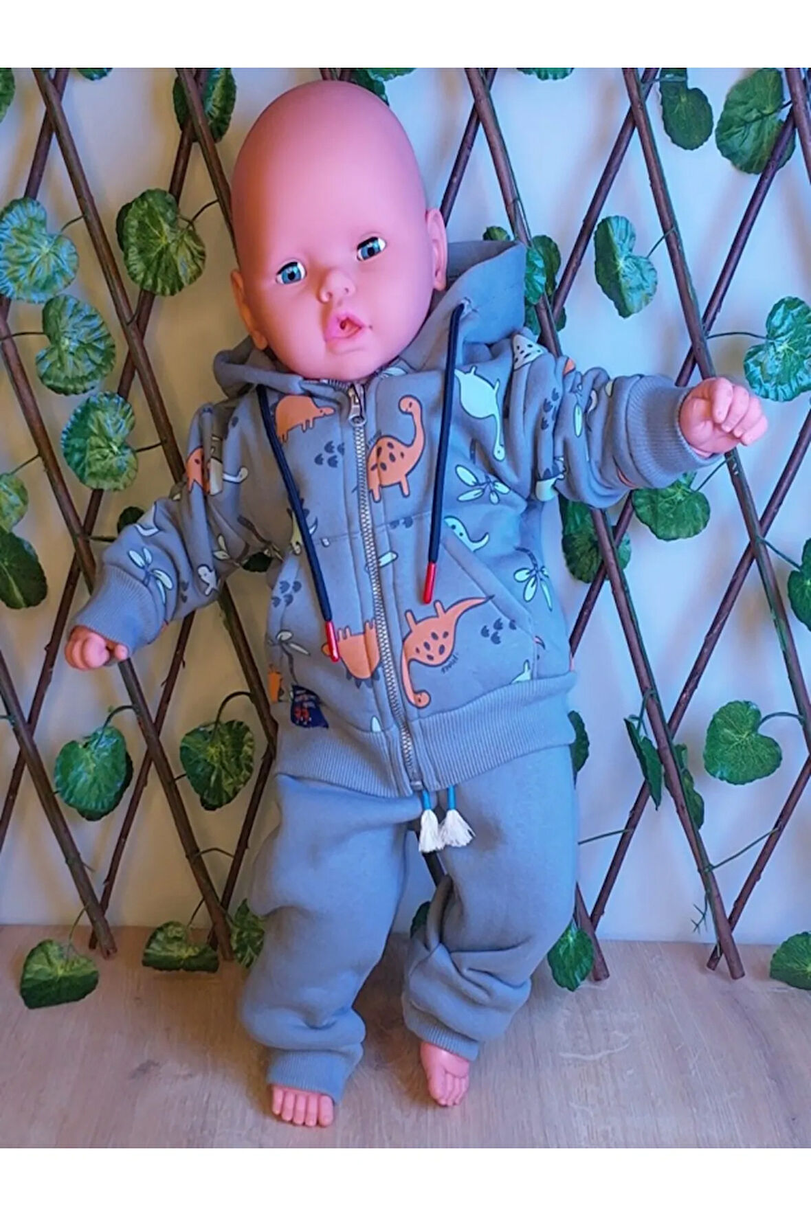 ERKEK ÇOCUK BEBEK DİNAZOR DESENLİ KAPŞÜNLU VE FERMUARLI 2 Lİ TAKIM