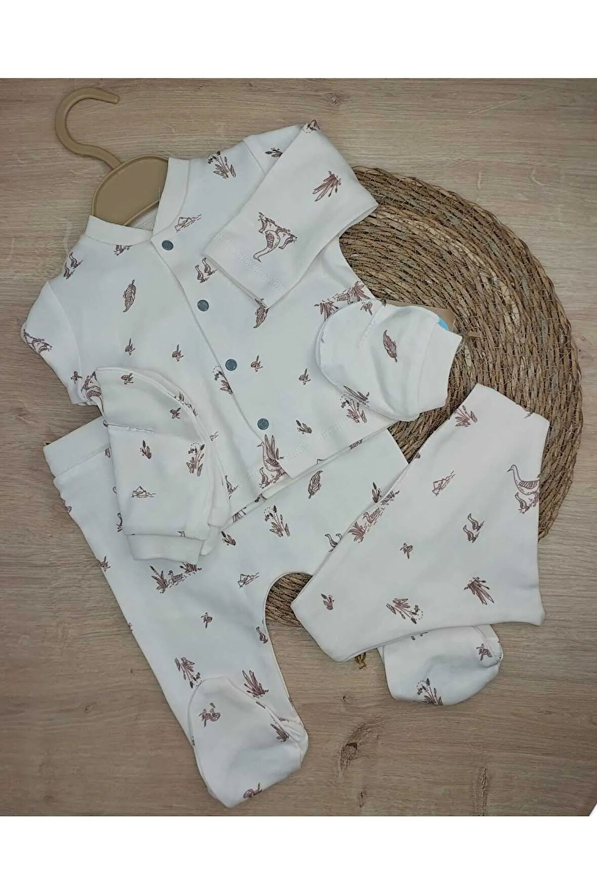 5'Lİ KAZ DESENLİ HASTANE ÇIKIŞI UNISEX BEBEK TAKIM 100 % DOĞAL PAMUK
