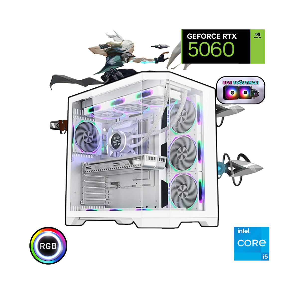 intel i5 14400f 16GB 500Gb SSD RTX 5060 240mm sıvı soğutma Oyuncu Bilgisayarı