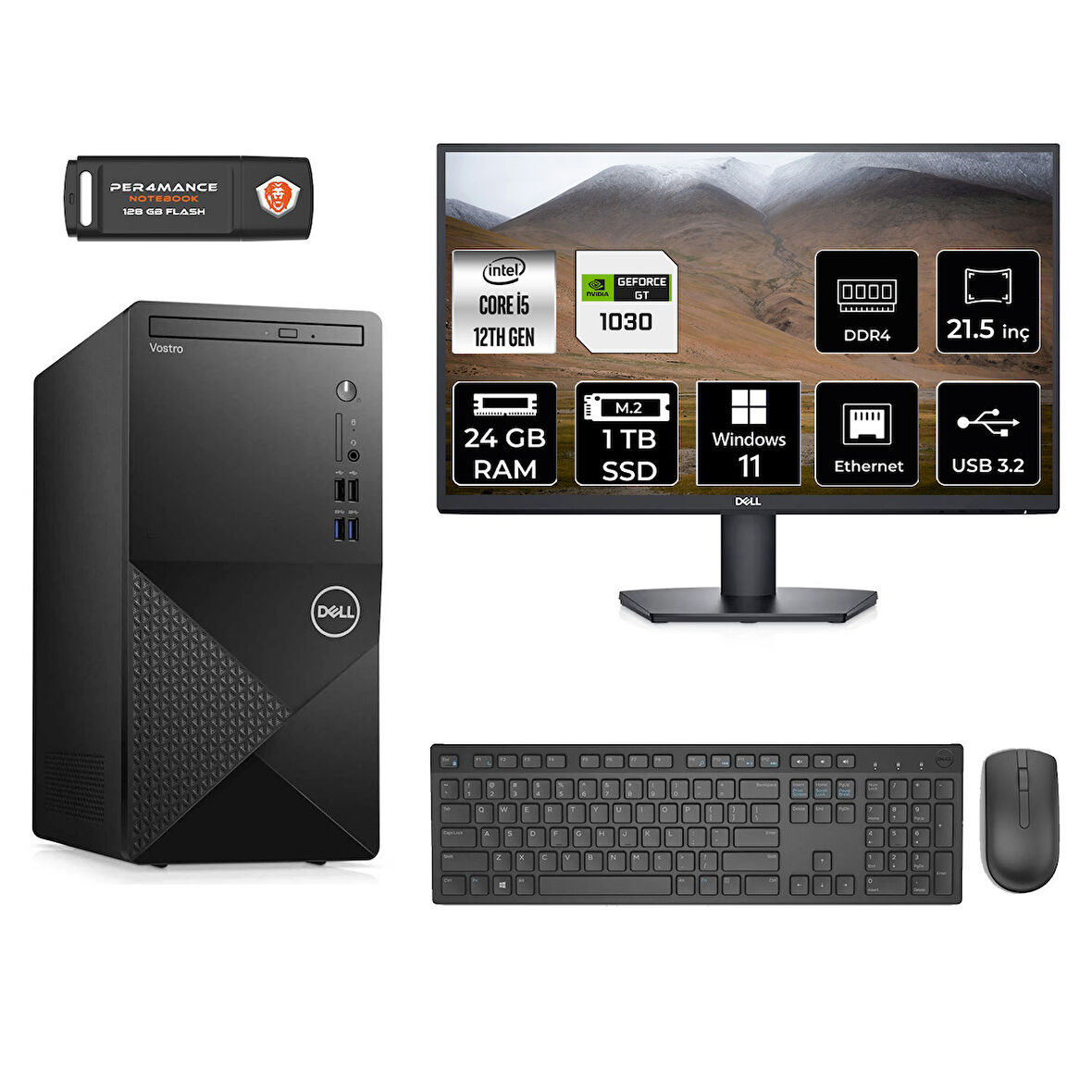 DELL VOSTRO 3910 MN3910D573 i5 12400 24GB RAM 1TB SSD GT1030 4GB 21.5" W11P MASAÜSTÜ PC