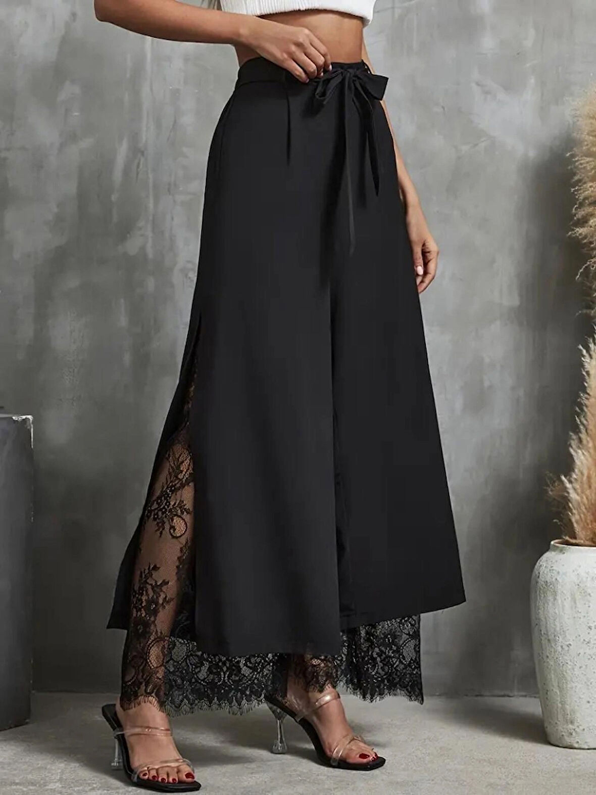 Yeni Sezon Kadın Yüksek Bel Kuşaklı Dantelli İspanyol Paça Dalgıç Pantolon