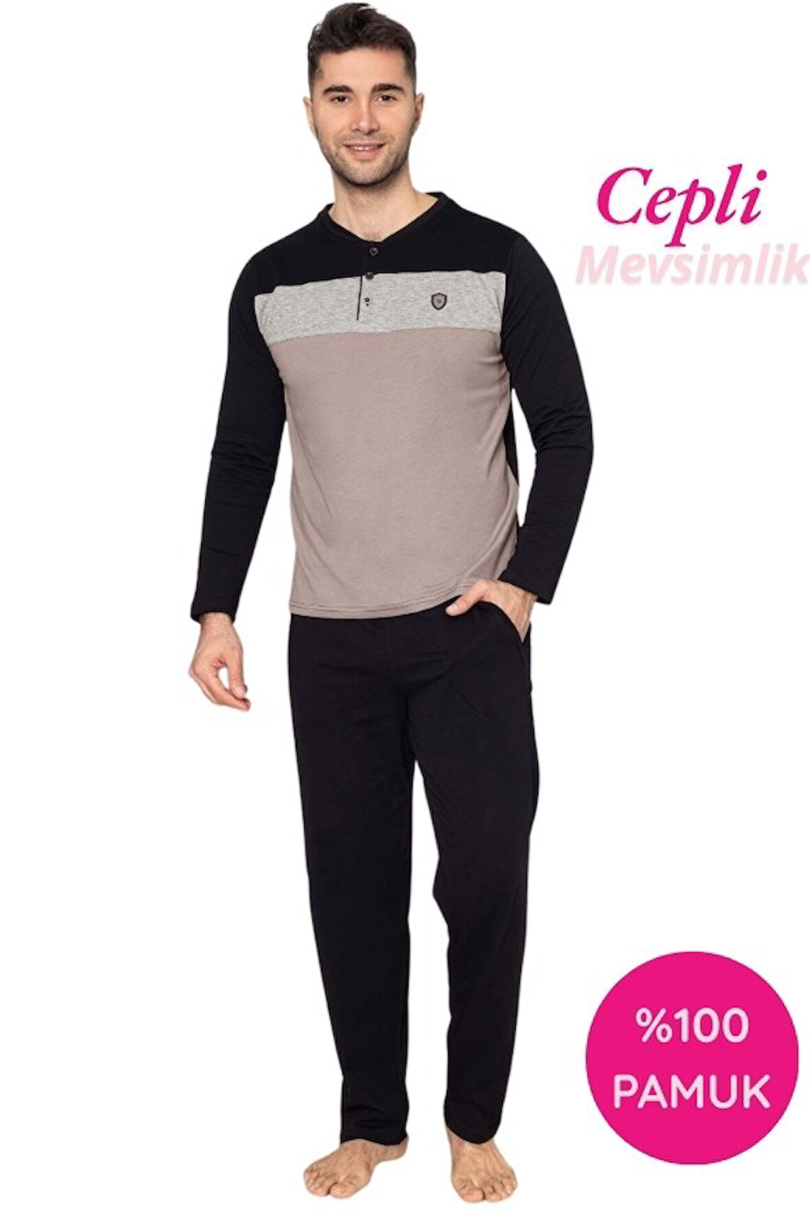 Guava Erkek 3 Düğmeli %100 Pamuk Mevsimlik Uzun Kol Cepli Pijama Takımı