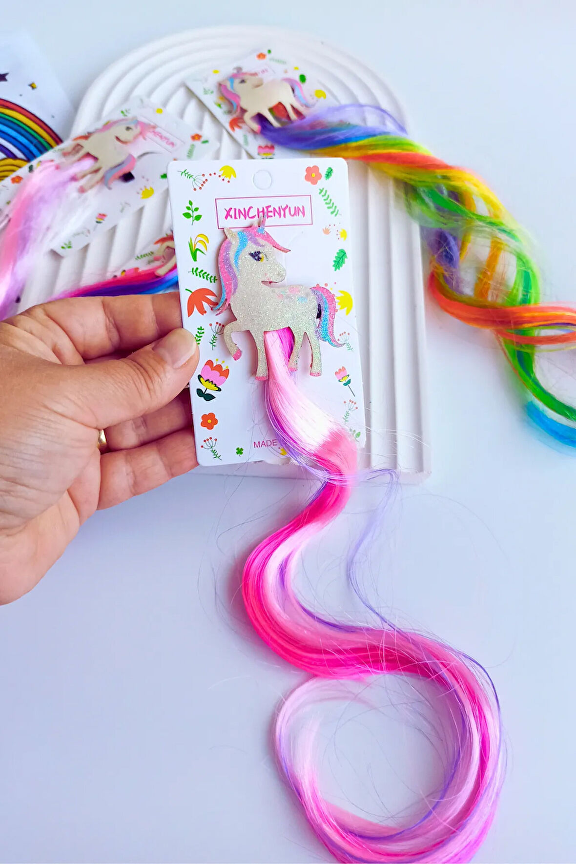 Unicorn Figürlü Renkli Pens Yapay Saç Postiş