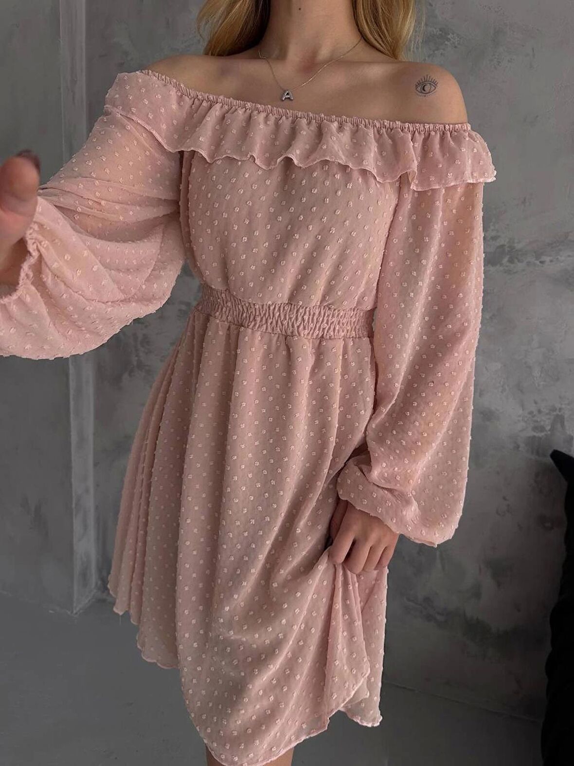 Brg Clothing Gül Kurusu Yakası Fırfırlı Kayık Yaka Şifon Astarlı Belden Oturan Elbise