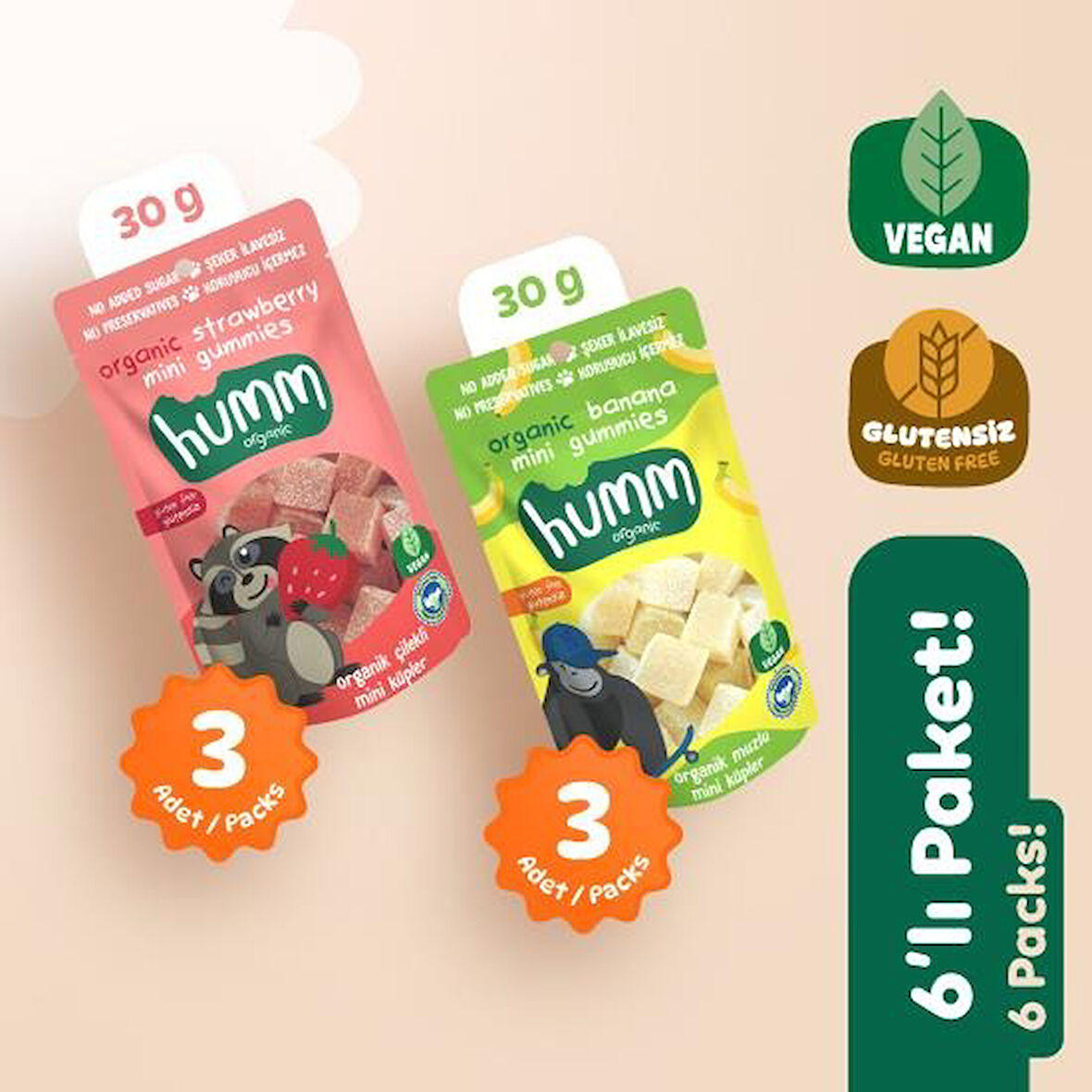 Organik Glutensiz Vegan Mini Küpler Atıştırmalık Paketi - 6 adet (2 çeşit)