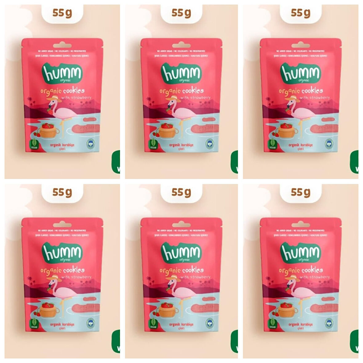 Organik Vegan Çilekli Kurabiye Atıştırmalık Paketi - 6 adet* 55 g