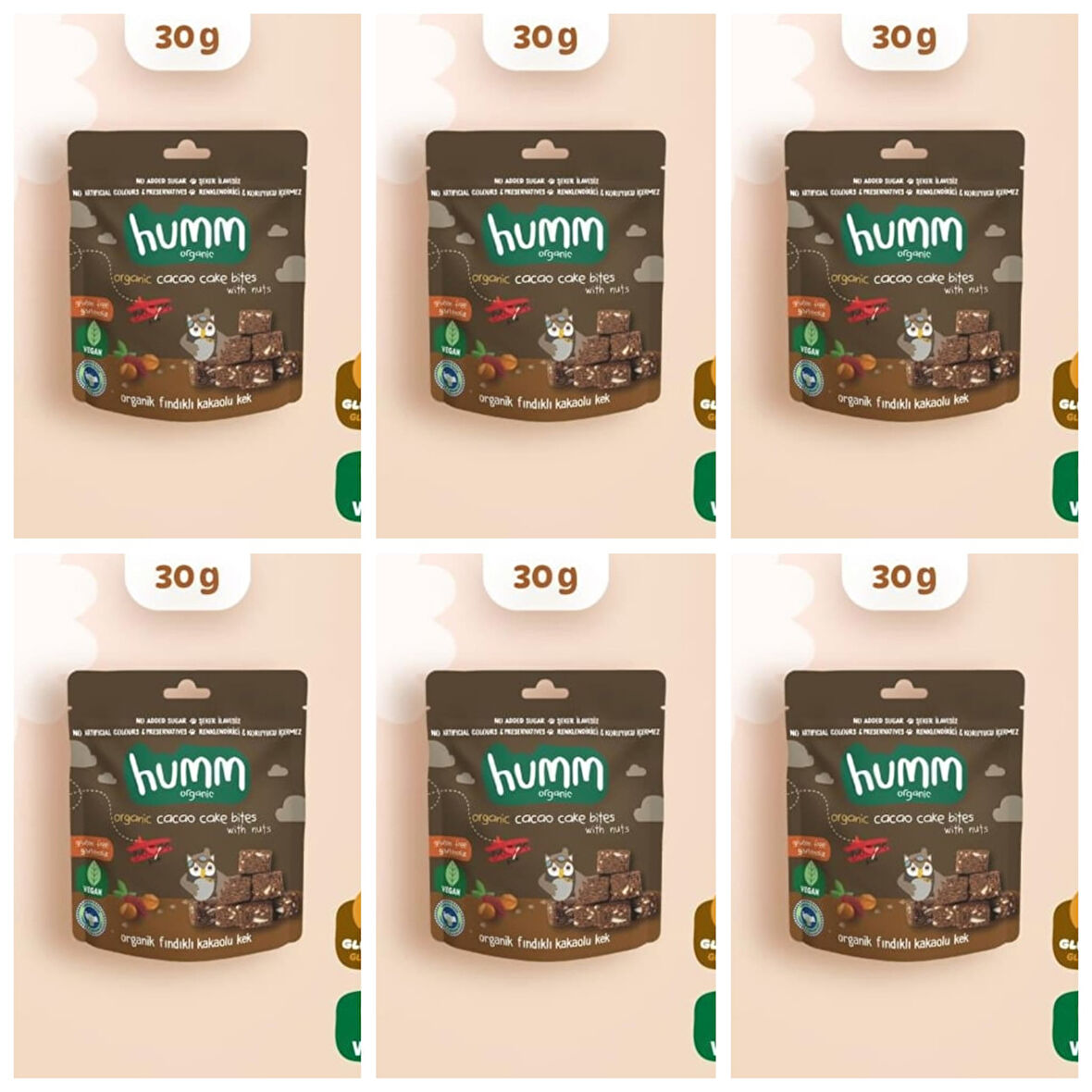 organik Glutensiz Vegan Kakaolu ve Fındıklı Kek - 30g* 6 adet