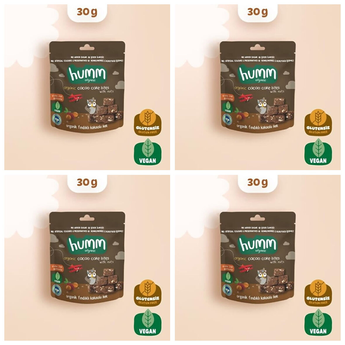 organik Glutensiz Vegan Kakaolu ve Fındıklı Kek - 30g* 4 adet