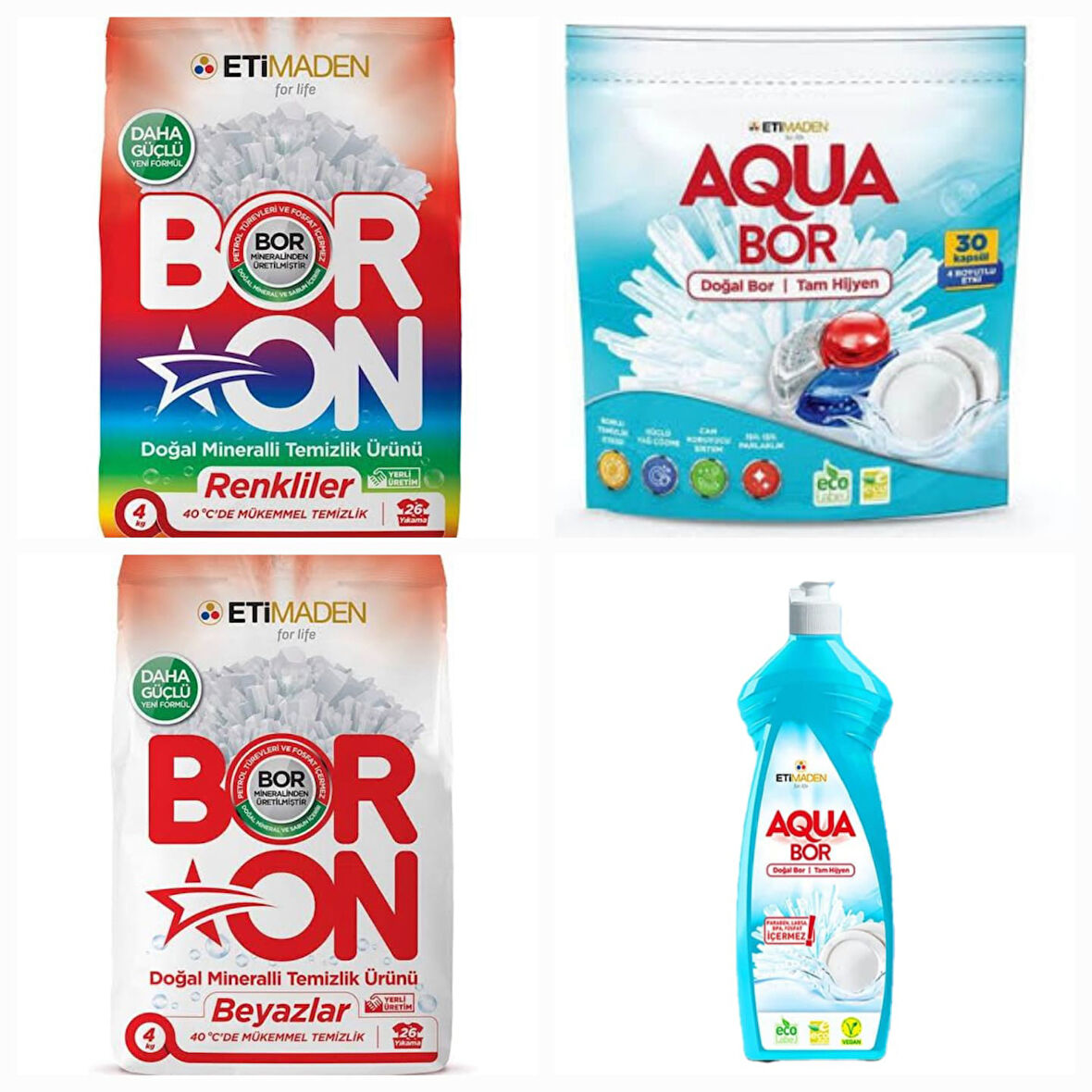AQUABOR DOĞAL MİNERALLİ BULAŞIK TABLETİ 30 KAPSÜL+BORON TOZ DETERJAN RENKLİLER+BEYAZLAR  4 KG+1 ADET ELDE BULAŞIK