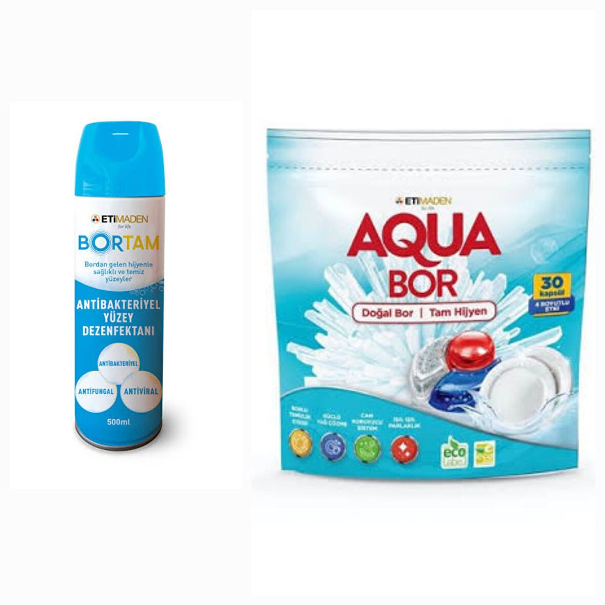 AQUABOR DOĞAL MİNERALLİ  BULAŞIK  MAKİNESİ DETERJANI 30 ADET +AEROSOL  BORTAM DEZENFEKTAN