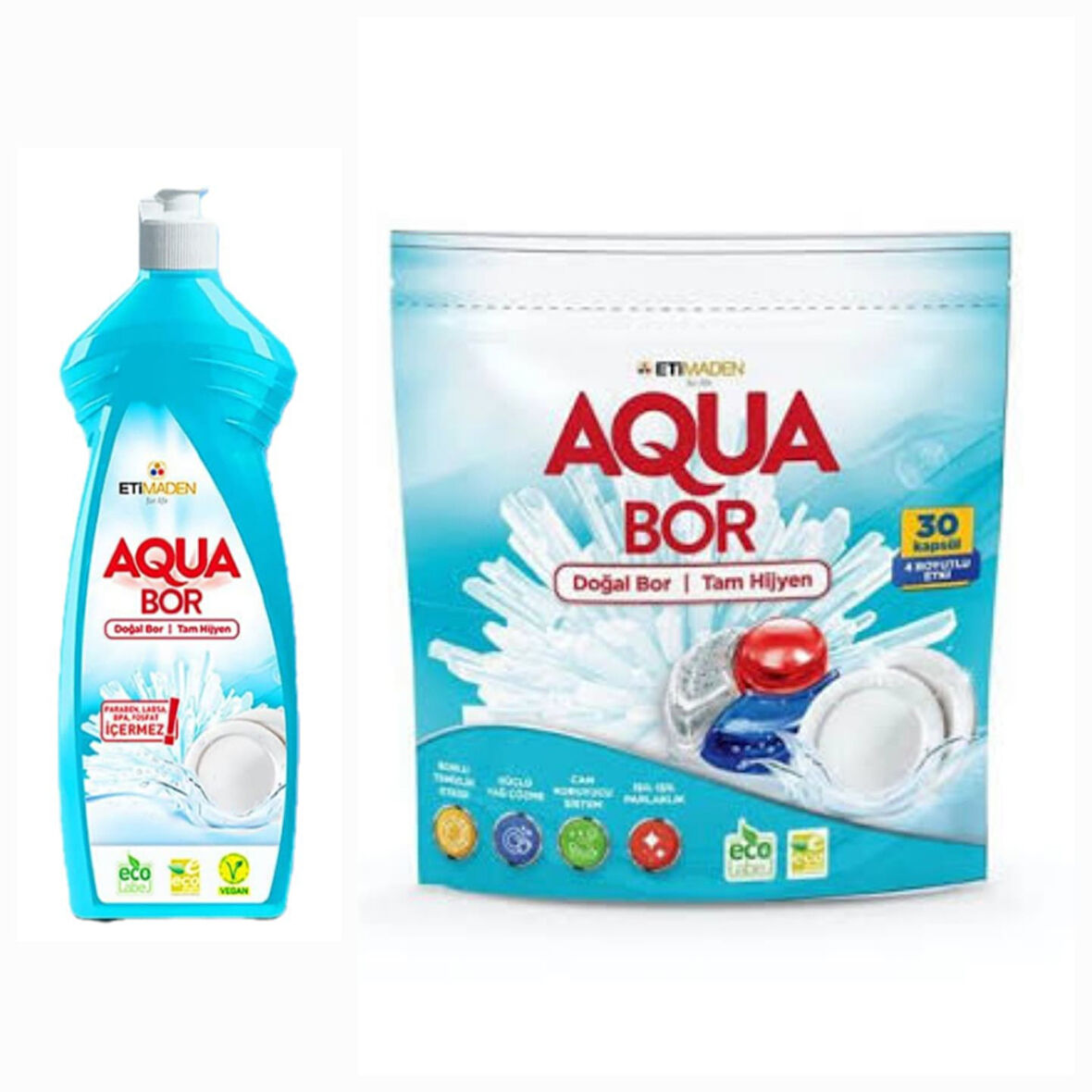 AQUABOR DOĞAL MİNERALLİ ELDE   BULAŞIK DETERJANI +BULAŞIK MAKİNESİ TABLETİ 30 TABLET