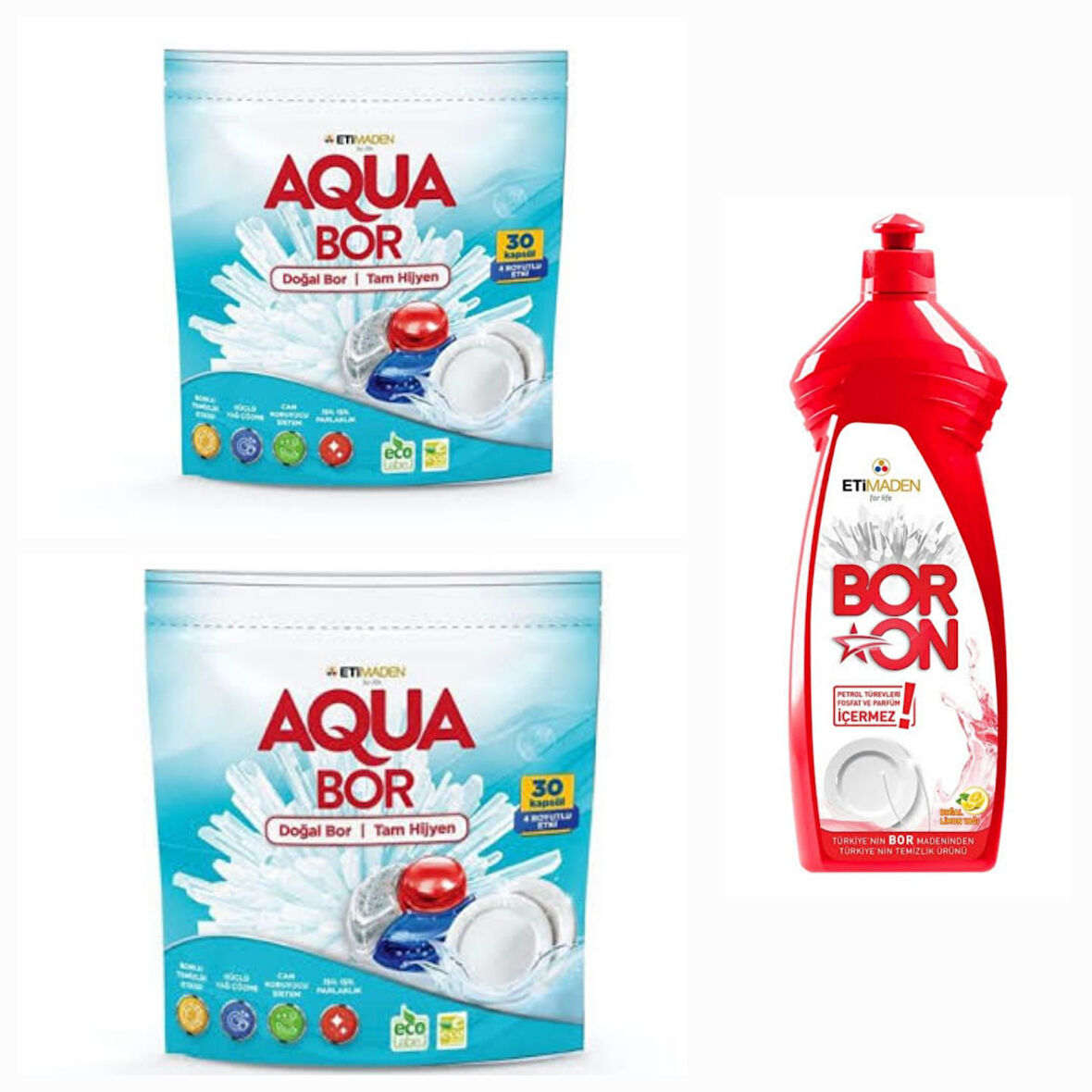 AQUABOR DOĞAL MİNERALLİ 2 PAKET BULAŞIK MAKİNESİ TABLETİ 30*2 KAPSÜL+BORON BULAŞIK ELDE YIKAMA 1ADET