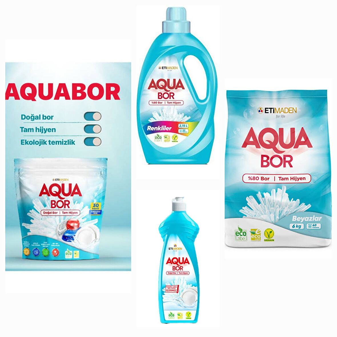 AQUABOR DOĞAL MİNERALLİ  BULAŞIK TABLETİ 30 KAPSÜL+ÇAMAŞIR BEYAZLAR İÇİN TOZ+SIVI RENKLİLER İÇİN DETERJAN+ELDE YIKAMA