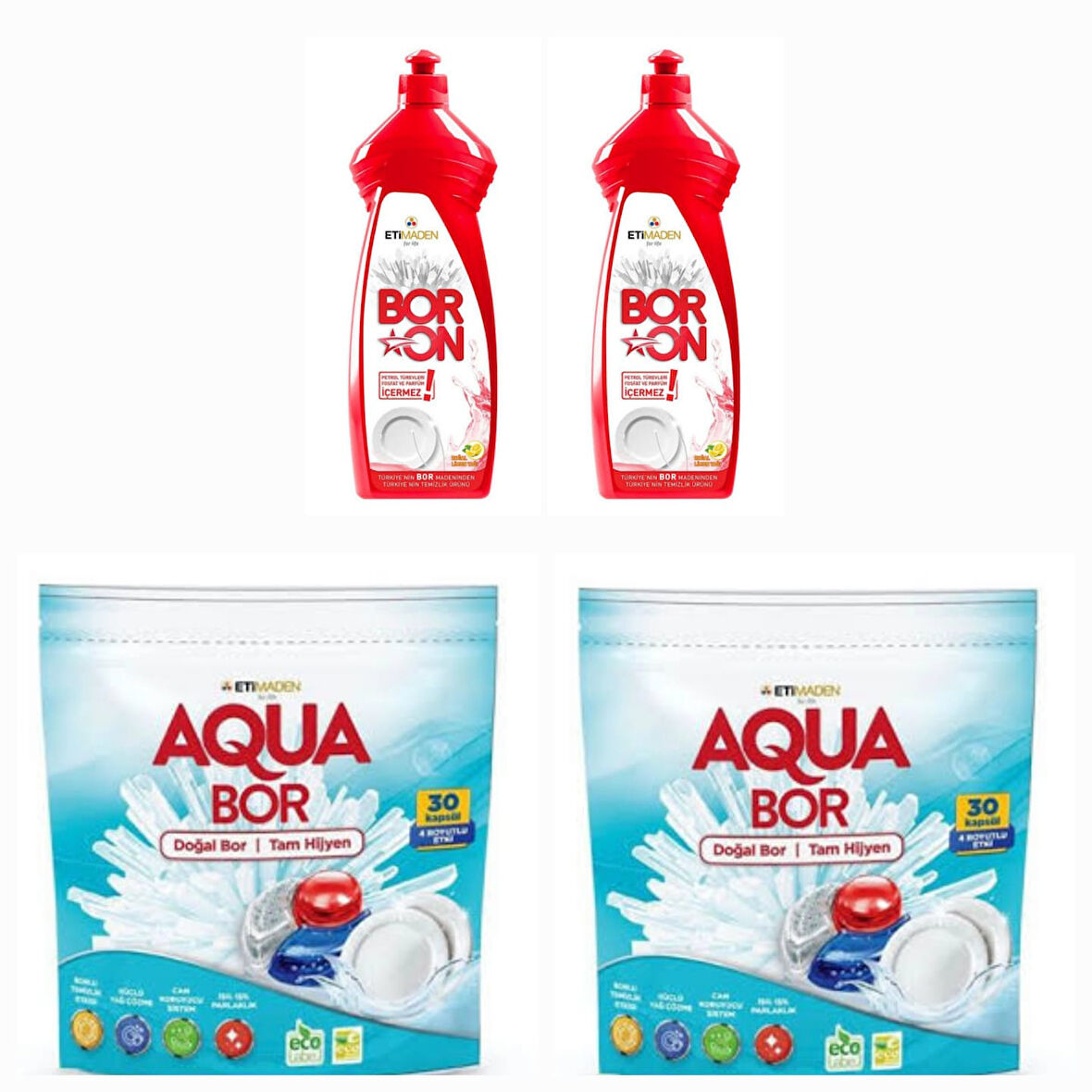 AQUABOR DOĞAL MİNERALLİ 2 PAKET BULAŞIK TABLETİ 30*2 KAPSÜL+2 ADET BORON ELDE BULAŞIK YIKAMA