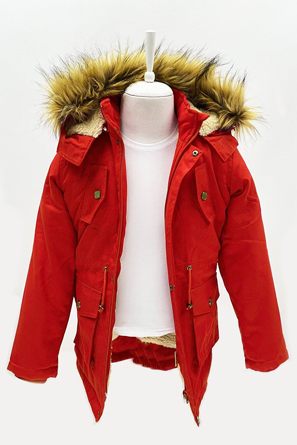 Asortik Unisex Çocuk Kanvas Kumaş Kapüşonlu Diz Üstü İçi Kürk Kışlık Mont Kaban