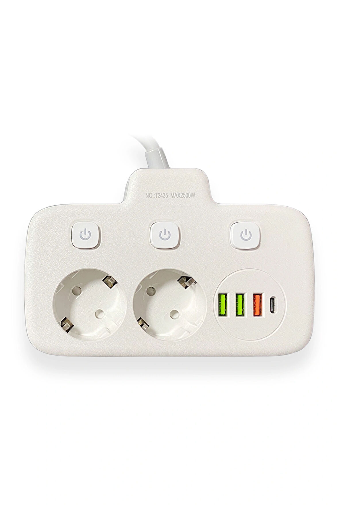 Aksesuarcı Akım Korumalı 2'li Ayrı Anahtarlı Priz, 2x Priz, 3x USB, 1x Type-C, 2 mt Kablo, Hızlı Şarj Özellikli
