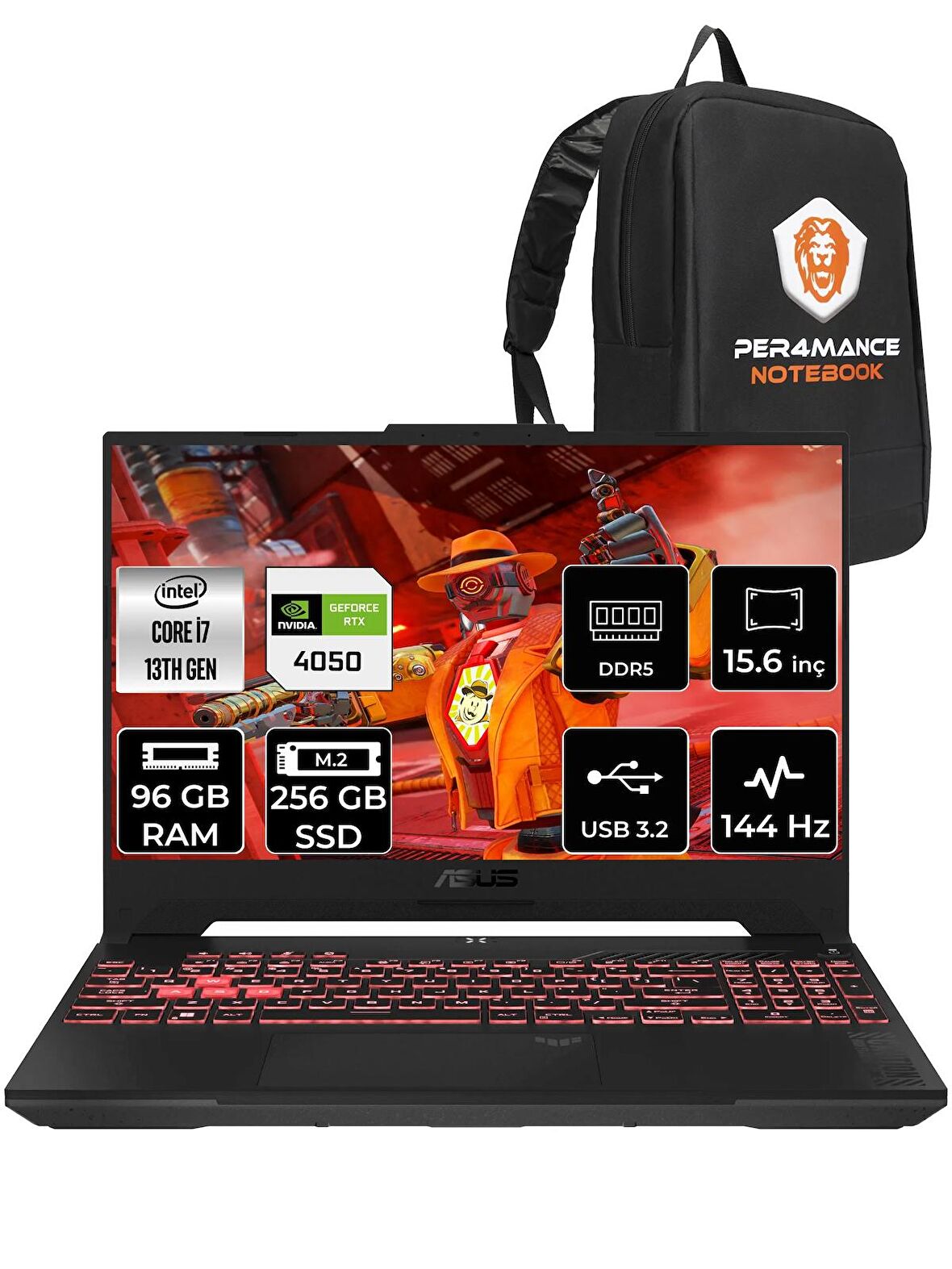 Asus Tuf Gaming F15 i7 13620H 96GB RAM 256GB SSD RTX4050/6GB 144Hz 15.6" FHD FDOS LP260 & PER4 ÇANTA