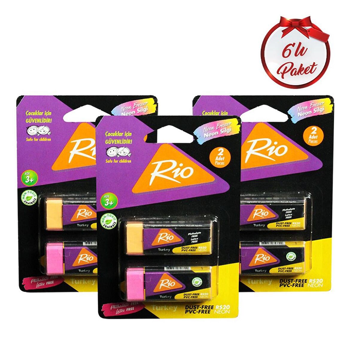 Rio Neon Silgi 2'li Büyük Silgi 6 Paket