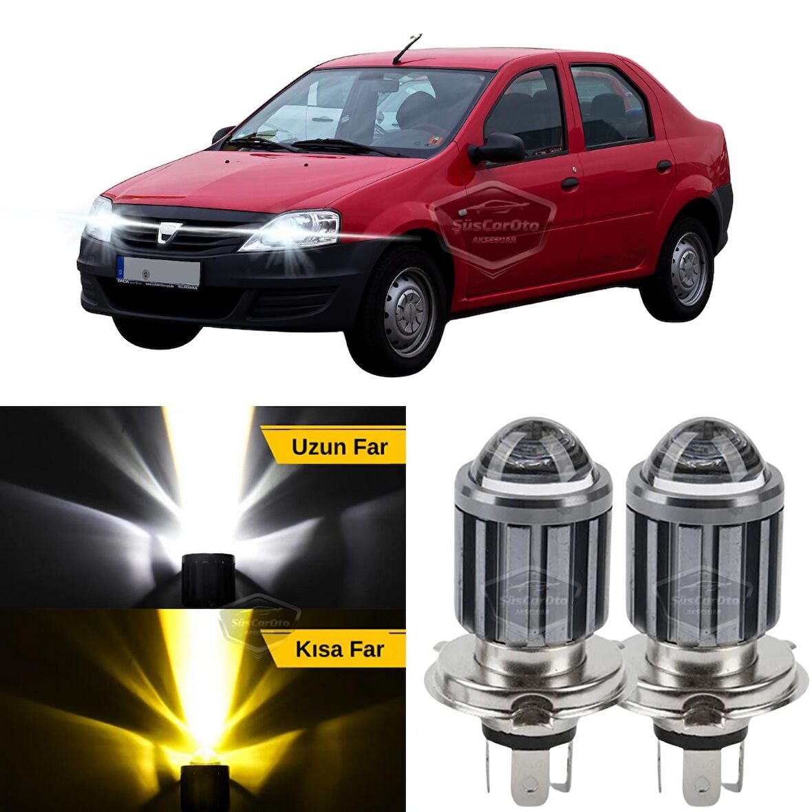 Dacia Logan 2009-2020 Uyumlu Mercekli Far Ampulü Led Xenon Çift Renk Sarı-Beyaz Far Şimşek Etkili CSP Led Lamba Uzun Kısa 2 Adet Takım