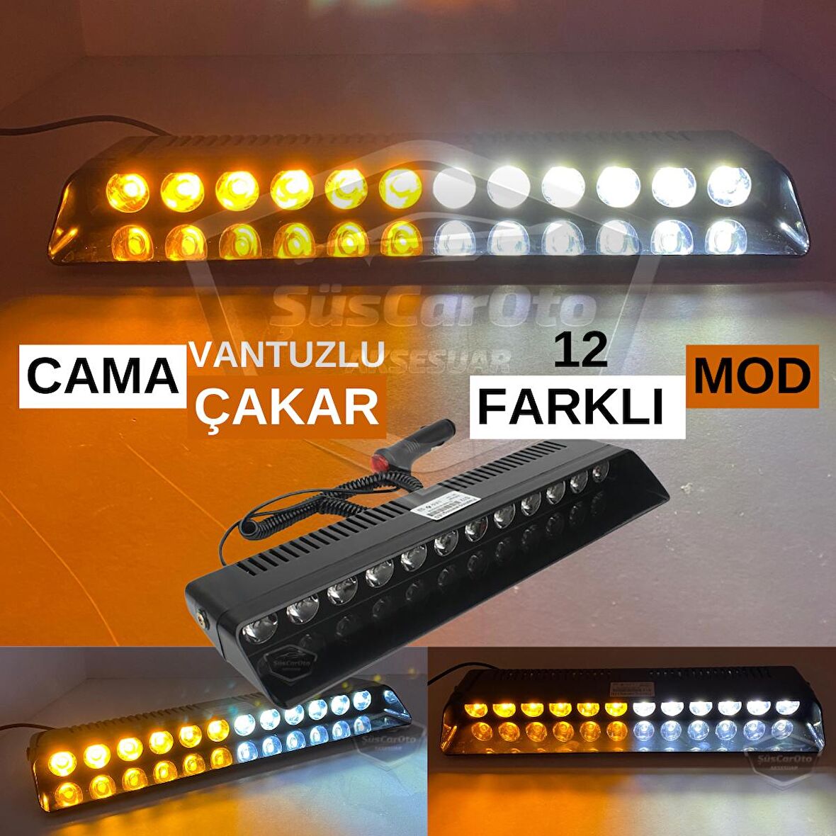 S12 Cam İçi Vantuzlu Ambulans İtfaiye Çakar Lamba İkaz Lambası 12 Ledli 12 Farklı Mod Sarı Beyaz Çakmaklık Girişli