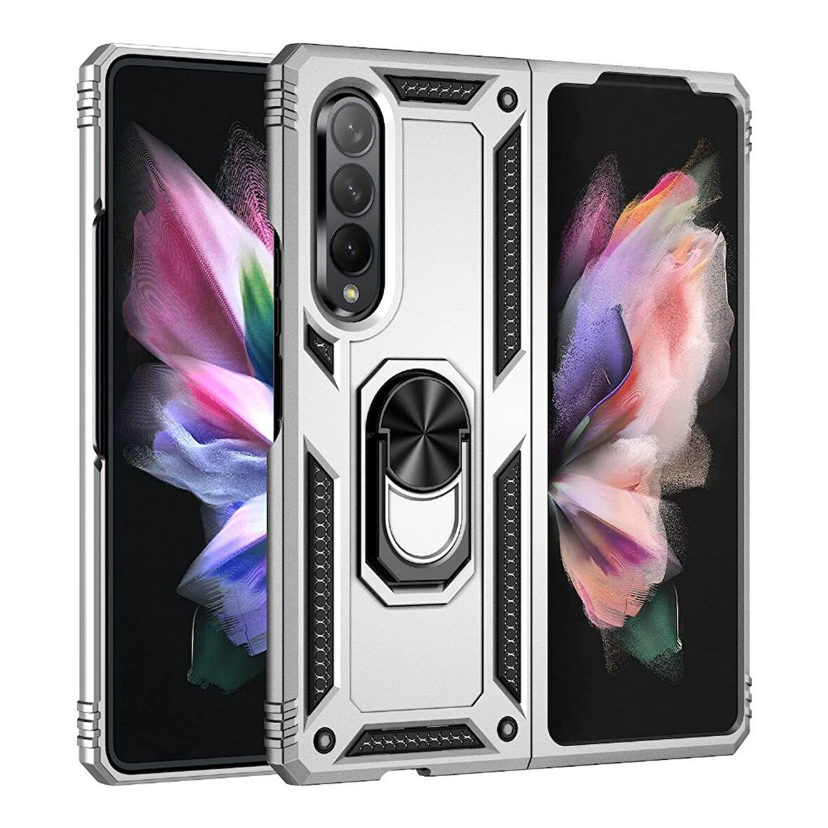 Smcase Samsung Galaxy Z Fold4 Kılıf Vega Yüzüklü Çift Katmanlı Tank Kılıf 
