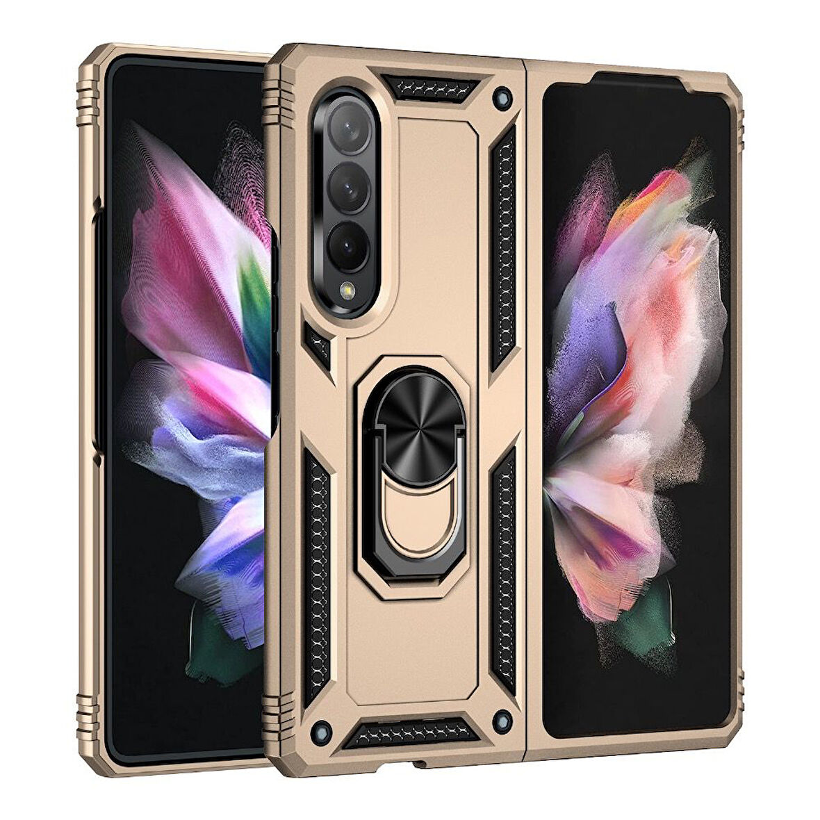 Smcase Samsung Galaxy Z Fold4 Kılıf Vega Yüzüklü Çift Katmanlı Tank Kılıf 