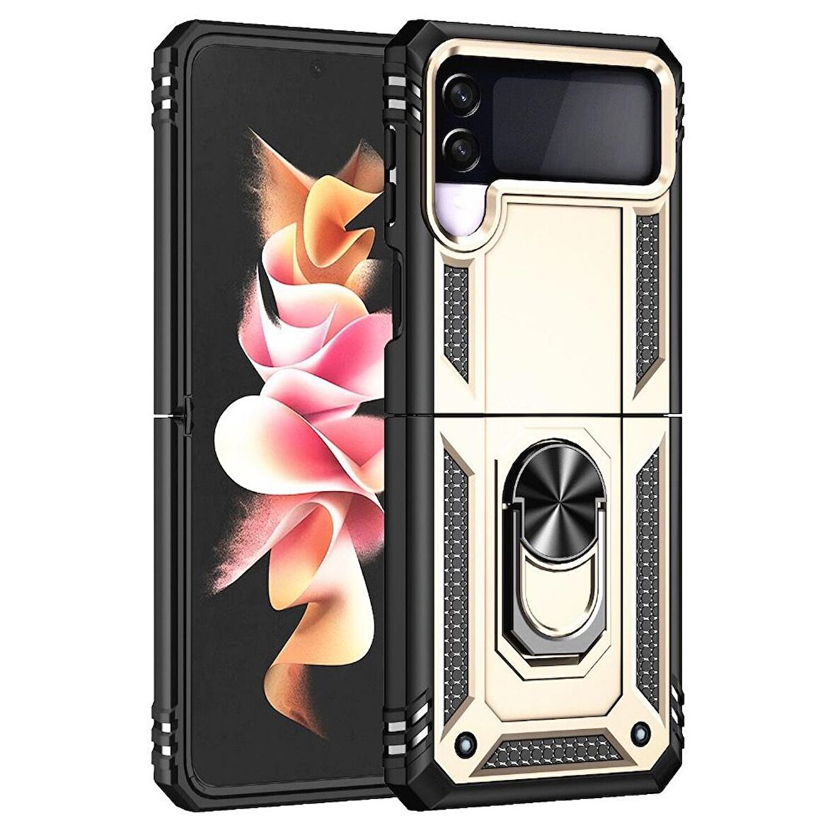 Smcase Samsung Galaxy Z Flip4 Kılıf Vega Yüzüklü Çift Katmanlı Tank Kılıf 