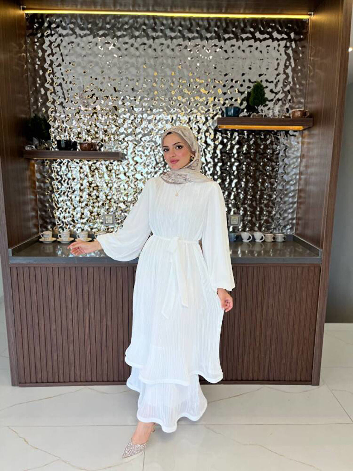 Zarif Katmanlı Kemerli Detaylı Şık Elbise ELB16074