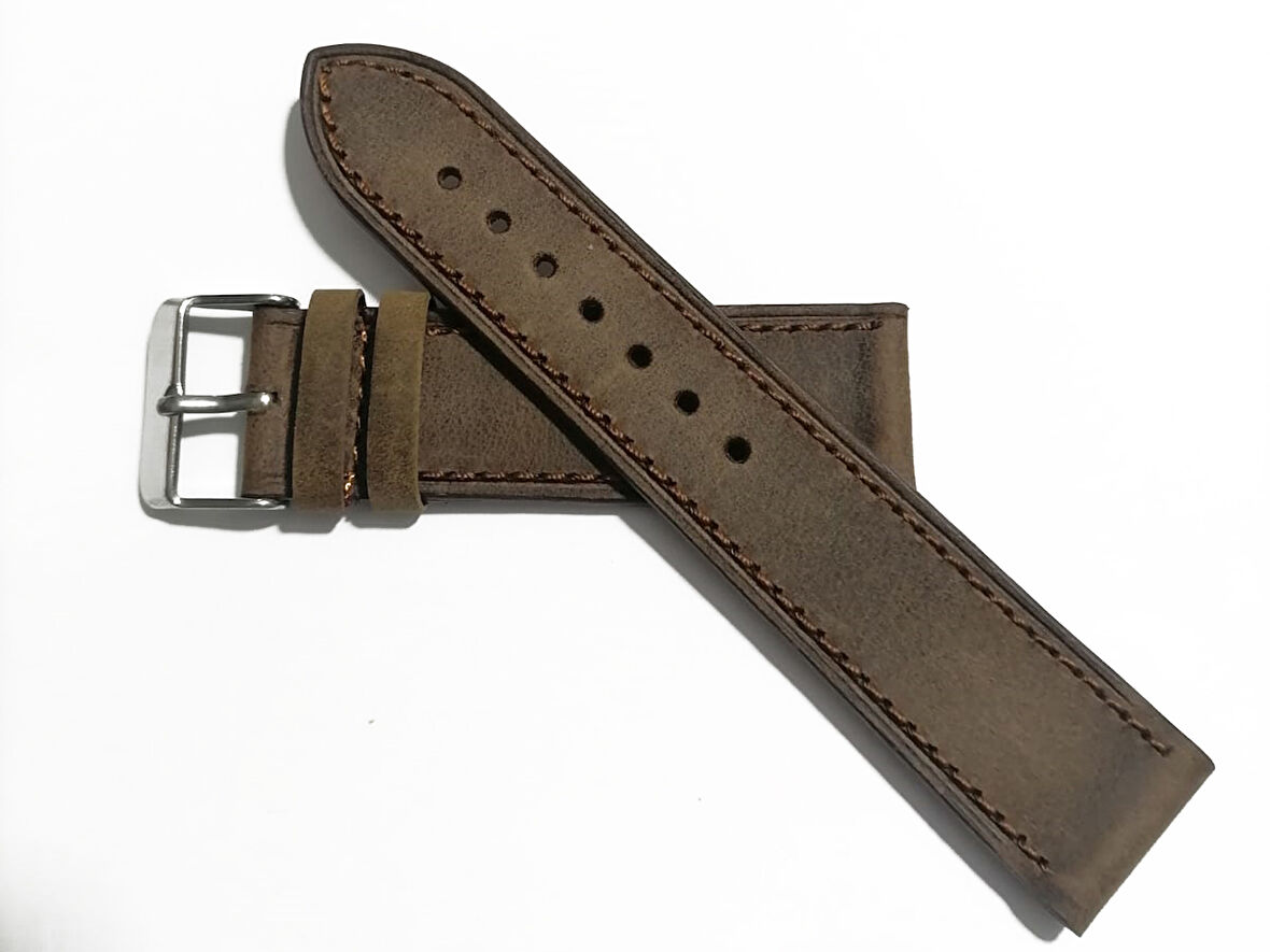Fossil &Her Saate  Uyumlu Kahverengi Dikişli   24  mm  grizi  deri