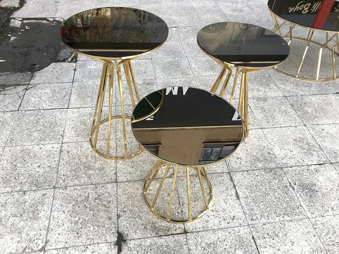 Brc CADDE Zigon Sehpa Takım MODEL Siyah Düz Temper Cam Metal Altın Kaplama Ayak El Yapım