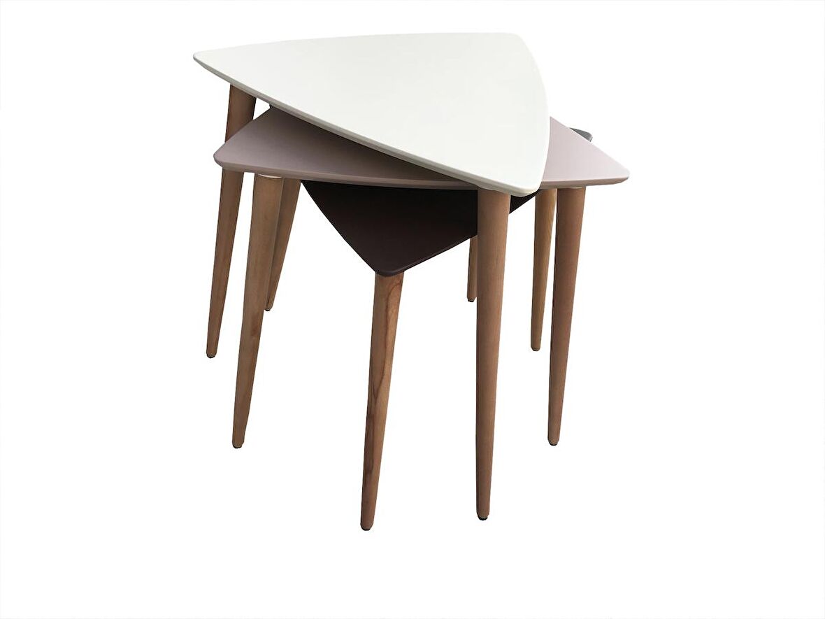 Zigon Sehpa Ahşap Kayın Retro Konik Ayak Model Üçgen Tabla Renk Beyaz capiçino Siyah El Yapım 