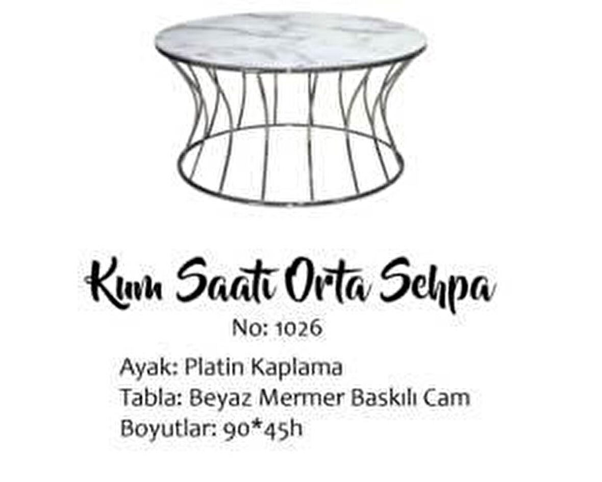Bengi Brc KUM SAATİ Orta sehpa Model BEYAZ MERMER TEMPER Cam Metal transmisyon Çelik PLATİN Renk Kaplama