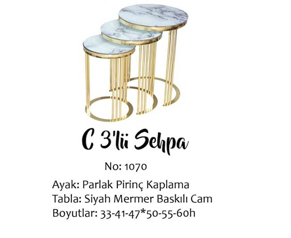 Brc C Zigon Sehpa 3'lü 1070  Beyaz  Mermer Desen Gold Parlak Pirinç Kaplama Metal Ayak El Yapım