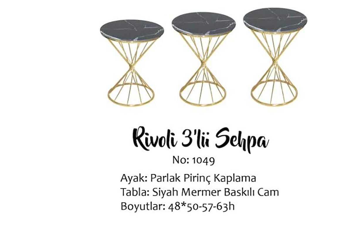 Zigon BRC Rivoli Model Sehpa 3'lü 1049 Düz Siyah Desen Gold Parlak Pirinç Ayak El Yapım