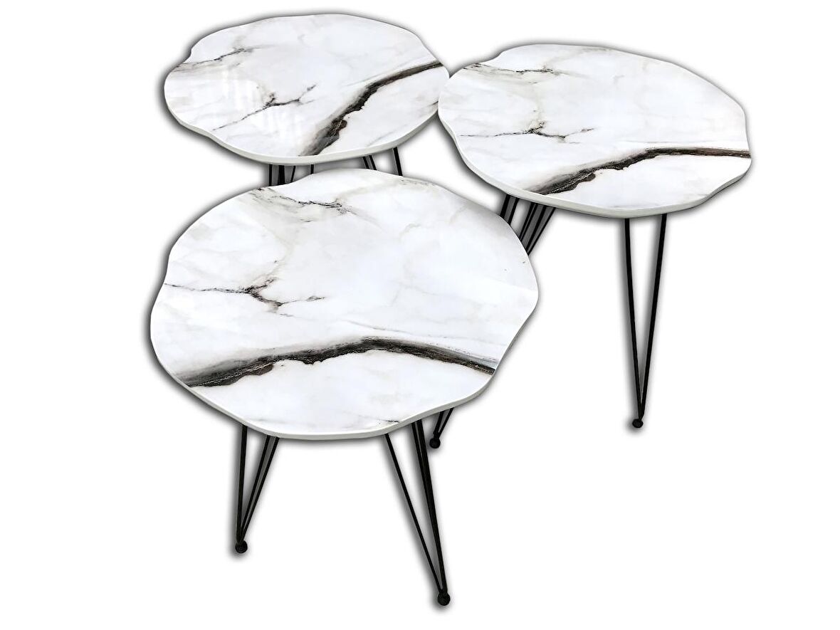 Zigon 13706 PAPATYA Model Metal  Beyaz V Ayak Ahşap Beyaz mermer Tabla El Yapım