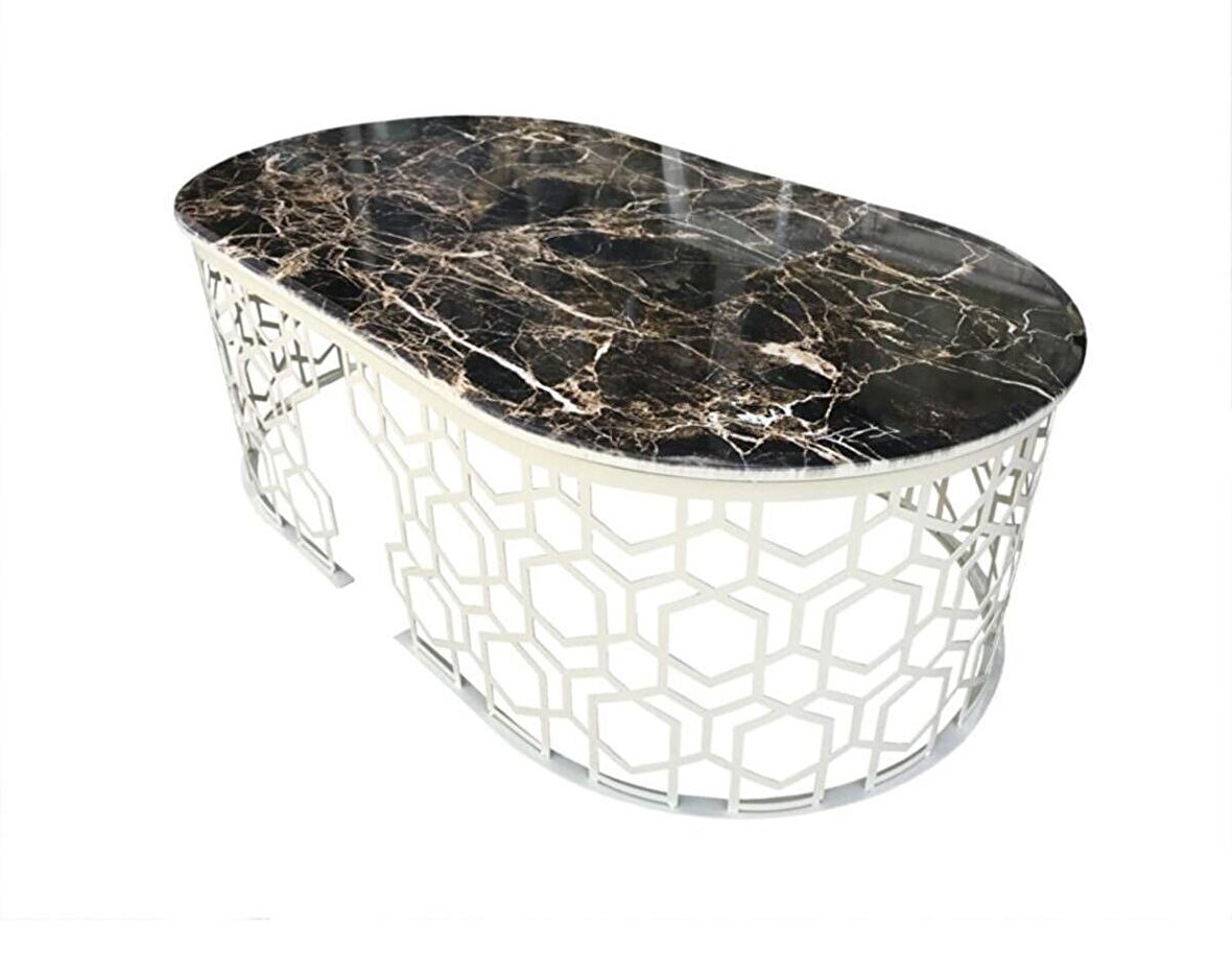 Bengi Orta Sehpa GEOMETRİK Metal Transmisyon Çelik Siyah Osmanlı Motif Parlak beyaz Ayak MDF tabla El Yapım