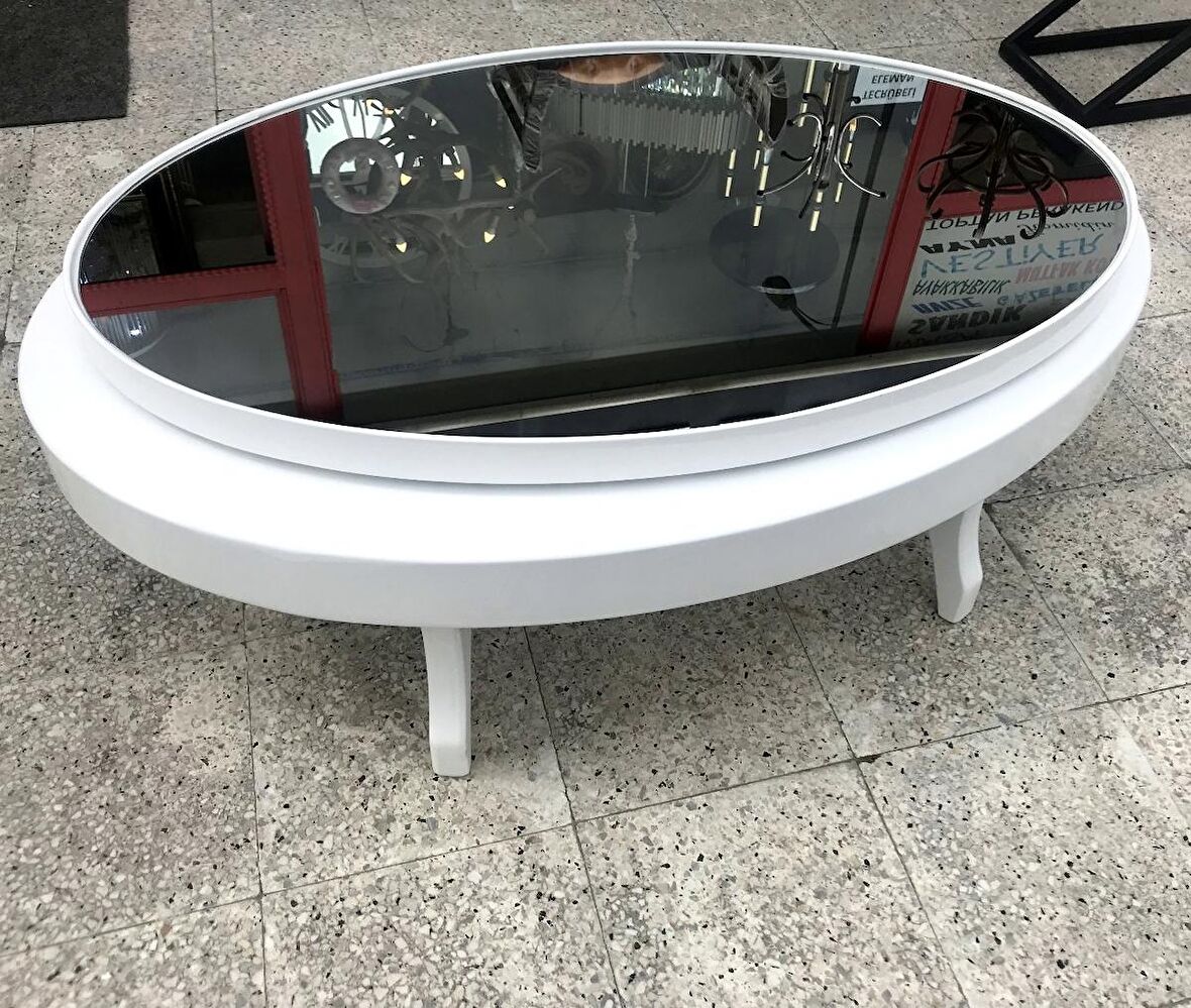 Döner Orta sehpa OVAL RUS TARZ Model Kayın Retro Ayak  Mdf Tabla Parlak Beyaz füme cam El Yapım