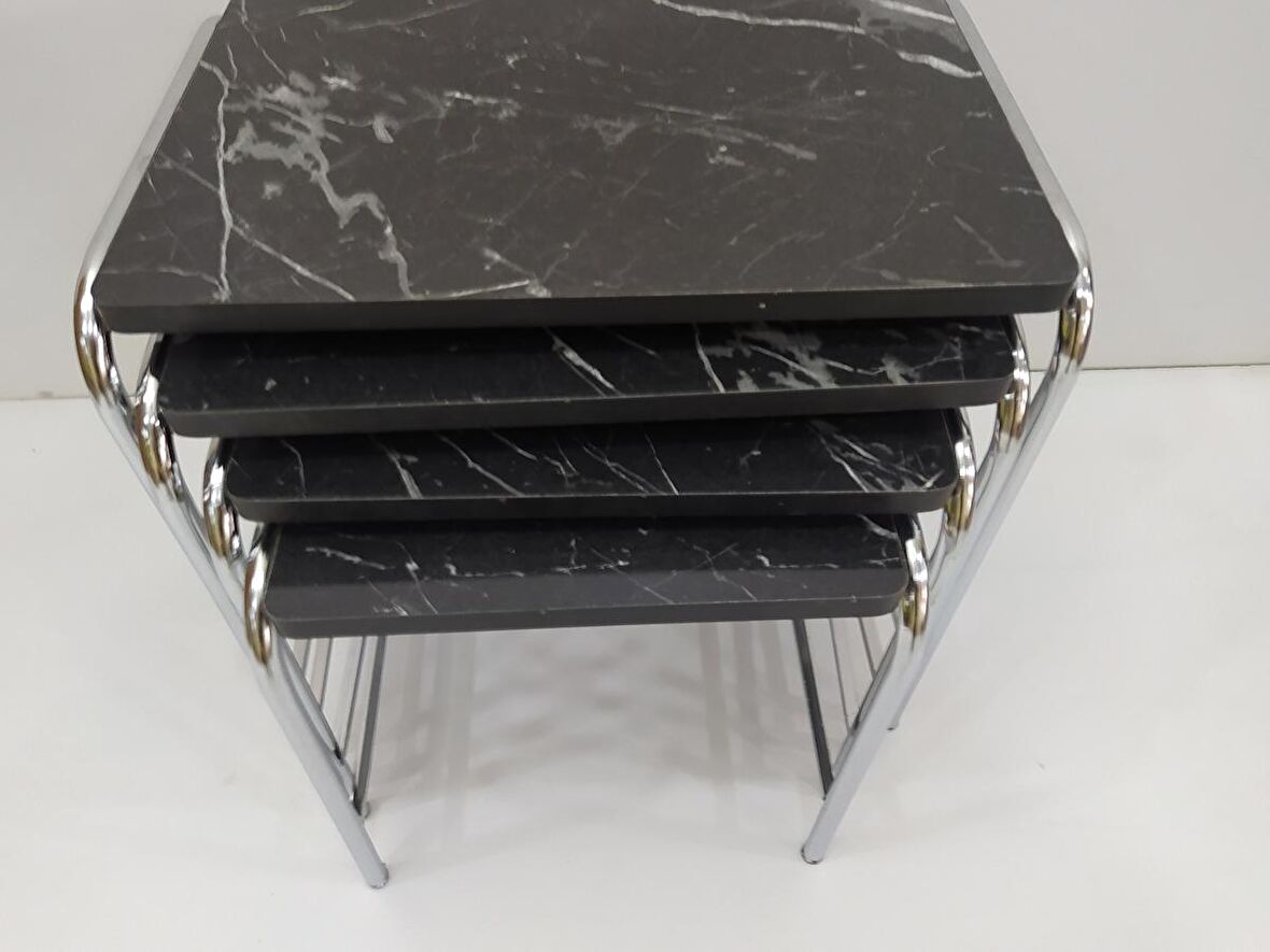 Zigon Sehpa 4'lü Metal Model transmisyon Nikelaj Ayak Siyah Mermer Dalgalı Desen El Yapımı