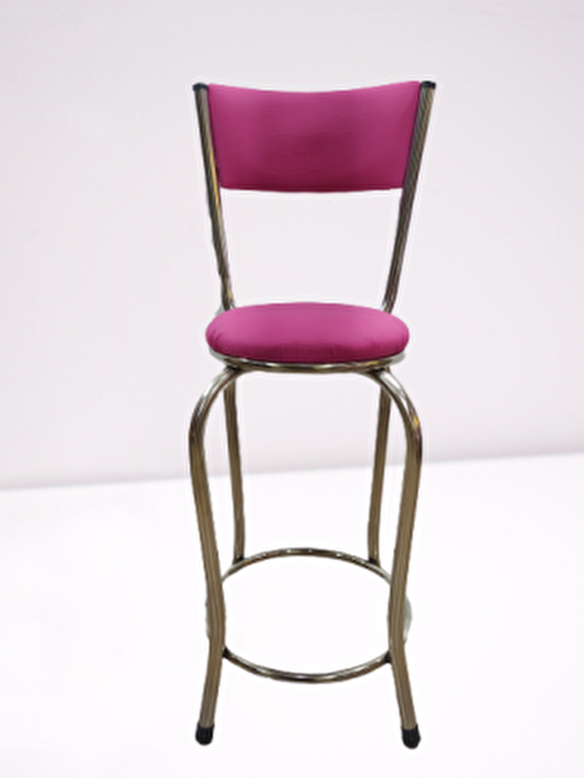 Bengi Sandalye BAR Tipi Yüksek Model Pembe FUŞYA 1adet Metal Çelik nikelaj Suni deri döşeme El Yapım