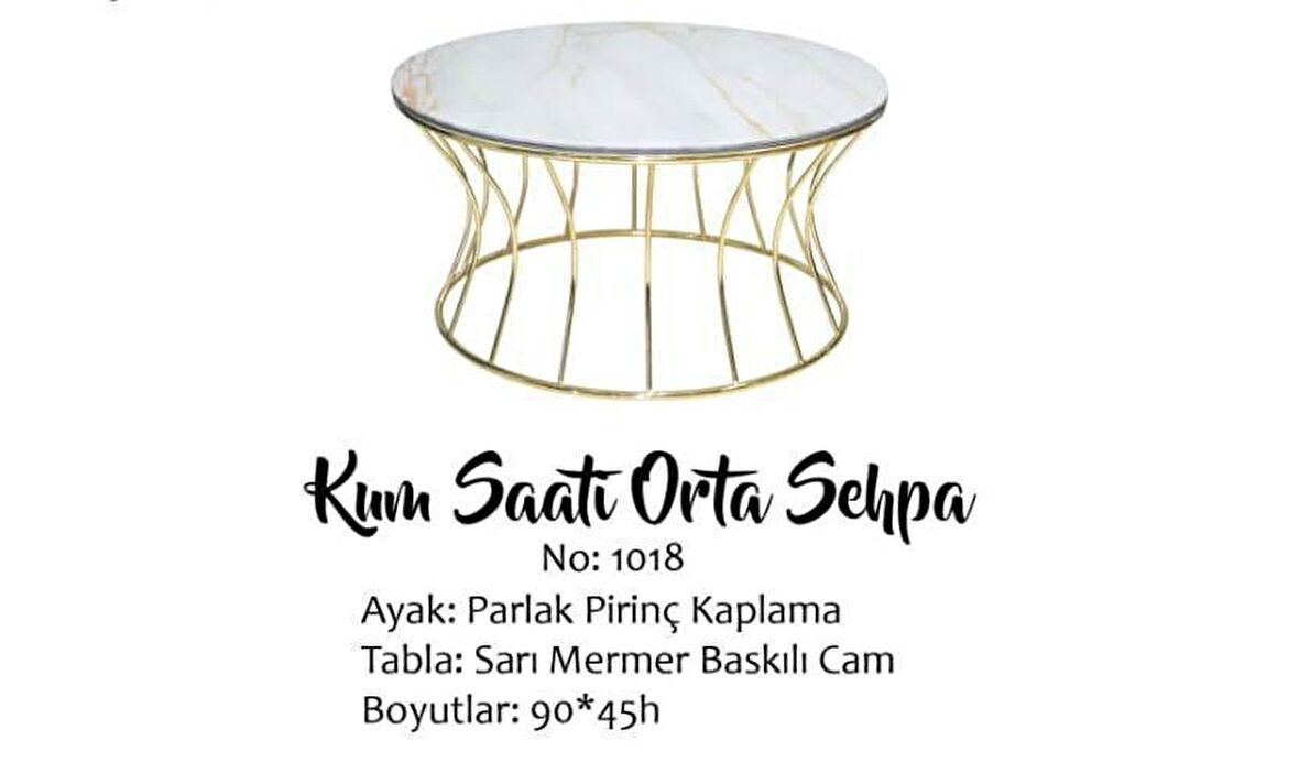 Bengi Brc KUMSAAT ORTA SEHPA Model 1018 Sarı Mermer Temper Cam Metal çelik Gold renk Kaplam El Yapım