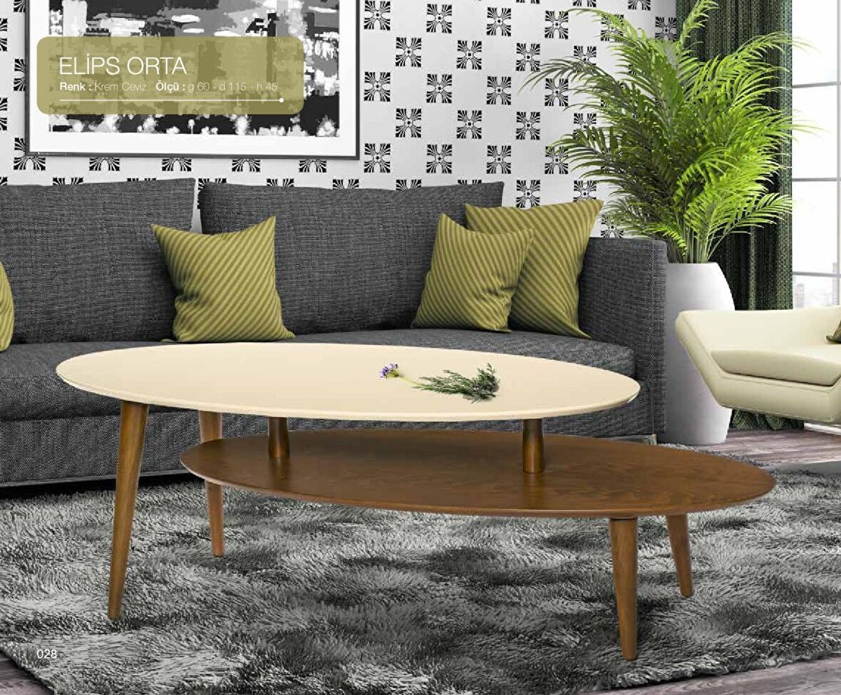 Bengi Orta sehpa OSM ElİPS Model Sehpa Parlak Ceviz Krem Ahşap Kayın torna ayak El Yapım