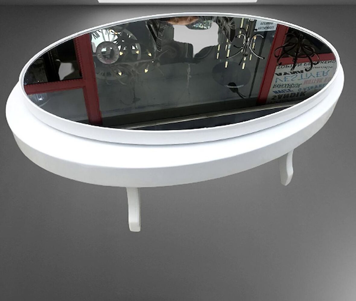 Orta sehpa Dönerli OVAL RUS TARZ Model Kayın Retro Ayak Sağlam Şık Mdf Tabla Parlak Beyaz füme üst cam